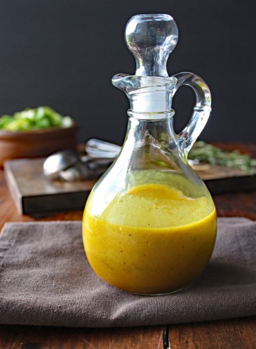 Apple Cider Turmeric Vinaigrette speaks of autumn, from its bright mustardy color to the tart, but sweet flavor of apple. This vinaigrette complements any fall salad.