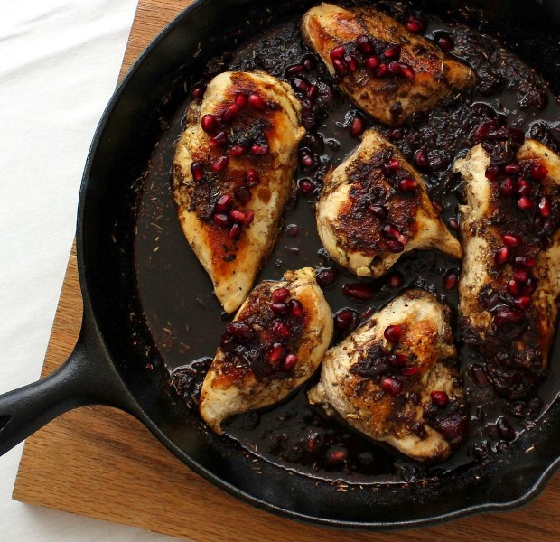 Pomegranate-Cranberry Chicken - Tender cooked chicken breasts topped with a sweet and spicy pomegranate-cranberry sauce with just the right touch of heat.