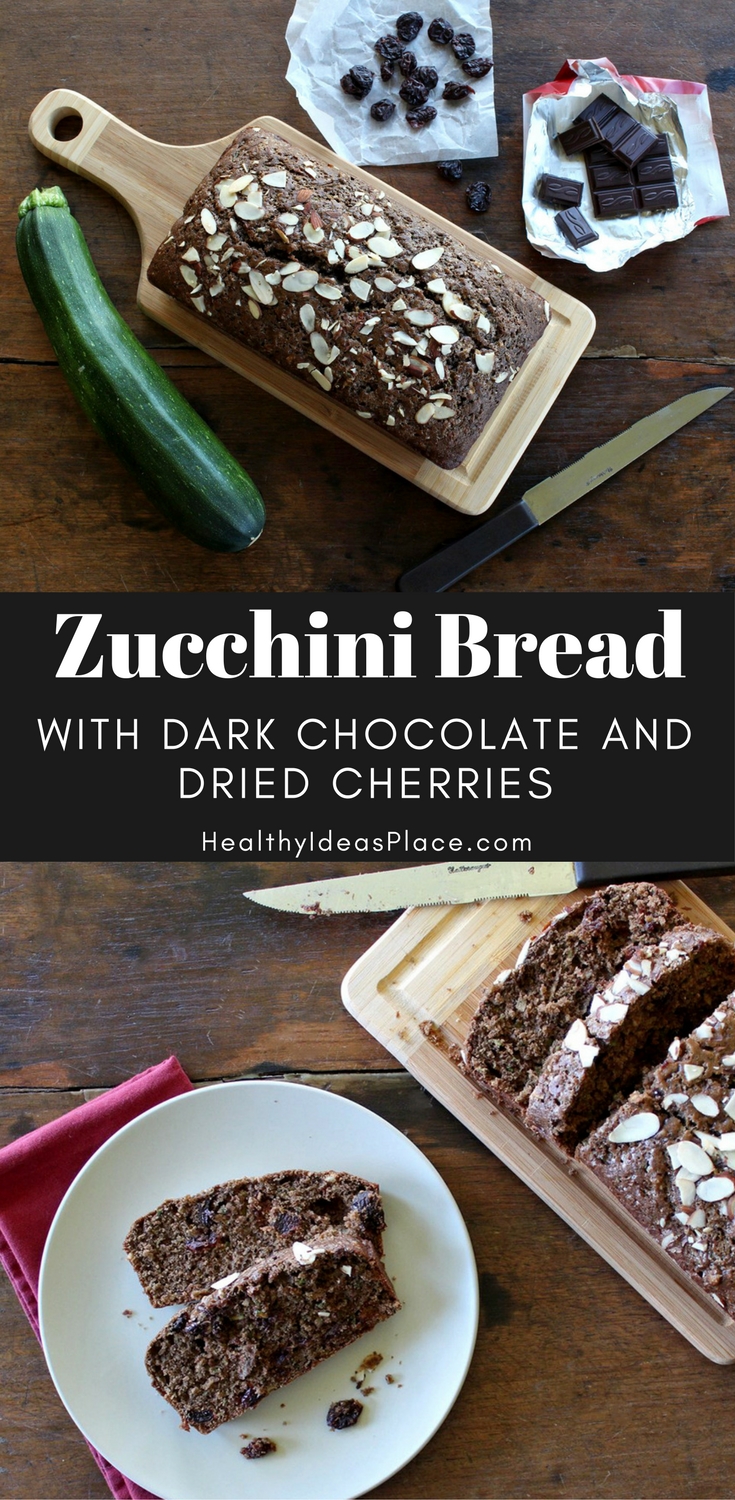 Zucchini Bread with Dark Chocolate and Dried Cherries - Zucchini bread takes on the sweet, rich flavors of dark chocolate and dried cherries for a delicious take on an old favorite. | HealthyIdeasPlace.com