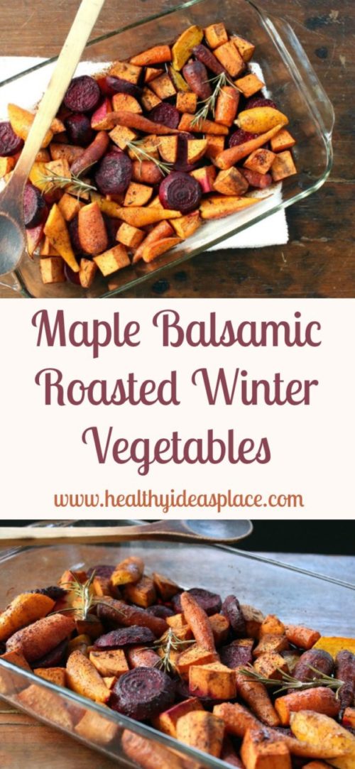 Maple Balsamic Roasted Winter Vegetables - Creamy sweet potatoes, chewy beets, and tender carrots are lightly glazed with the rich flavors of maple syrup and balsamic vinegar for a delicious side dish elegant enough for any holiday table.
