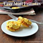 Two Mini Frittatas on a white plate in the foreground with the words "East Mini Frittatas" above