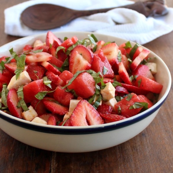 Strawberry Watermelon Caprese Salad is a nourishing, flavorful, summertime salad with fresh from the garden strawberries, watermelon, and basil.