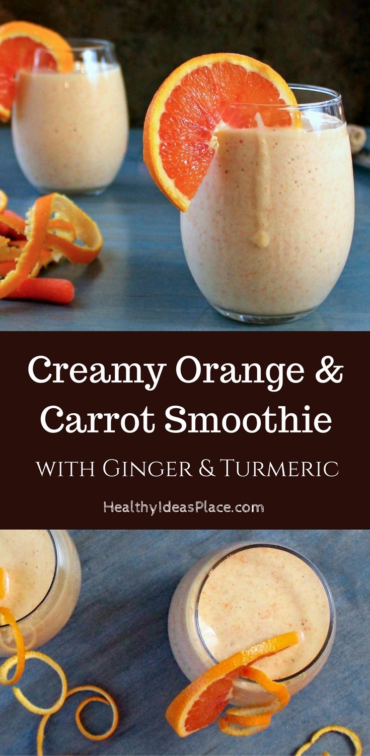 Orange and Carrot Smoothie with Ginger and Turmeric - This healthy orange and carrot smoothie is blended with ginger and turmeric for an immune boosting, creamy, and delicious smoothie. Just right for a nourishing breakfast or snack.
