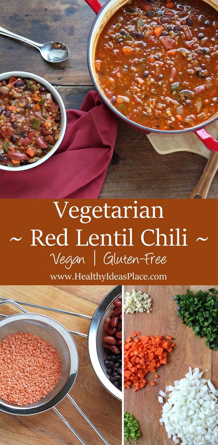 Vegetarian Chili with Red Lentils - Cold days call for a bowl of warm, spicy chili. This healthier vegetarian chili calls for red lentils and lots of veggies instead of meat - perfect for meatless Mondays or any day of the week!
