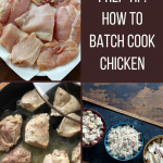Collage showing raw chicken, chicken cooking, and chicken ready to use