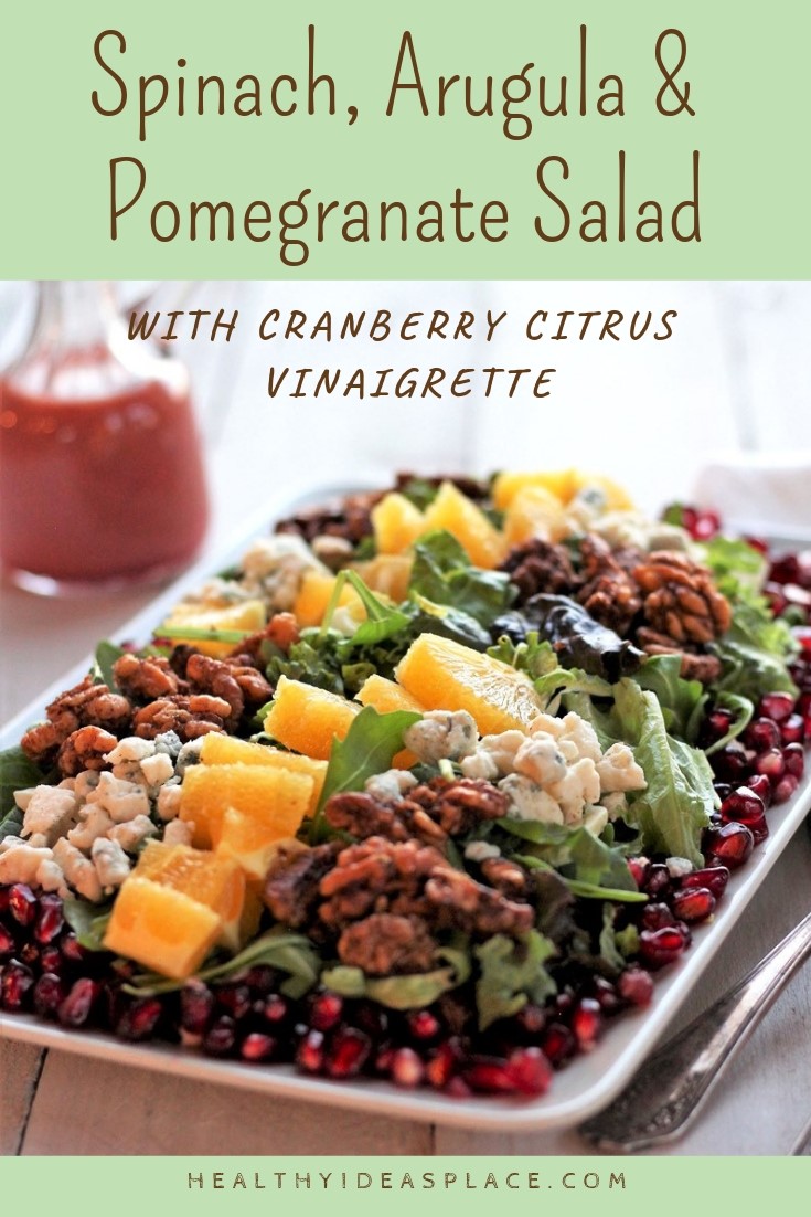 This Spinach, Arugula and Pomegranate Salad makes a wonderful side dish with a meal or a tasty lunch all by itself. Nutritionally, it’s a gem, with plenty of fiber, vitamins, antioxidants and healthy fats. Delicious!